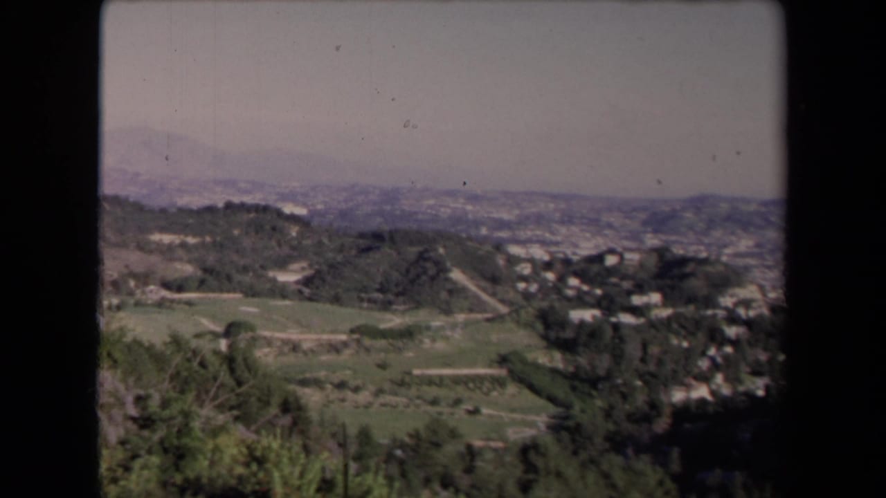 Los Angeles-area valley view from 1967 with winding paths, dark trees, hillside houses, and mountains under a pale sky.