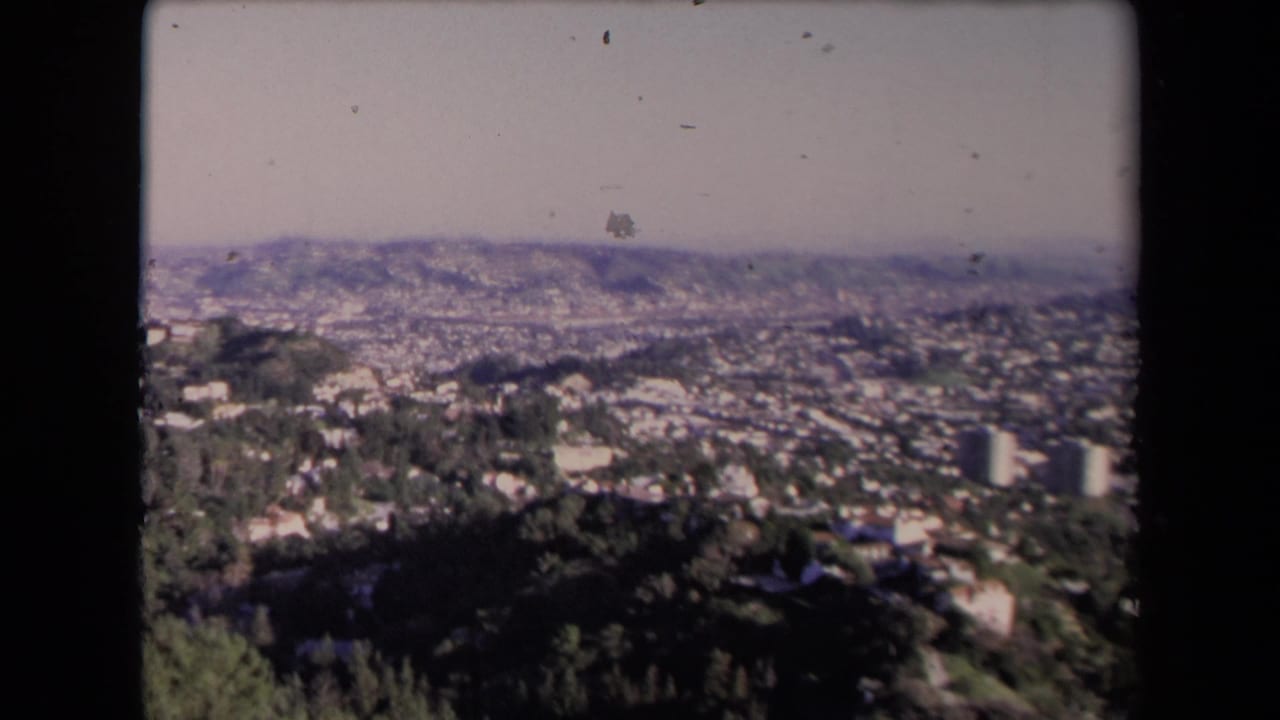 Elevated view over hillside homes, trees, and distant Los Angeles buildings.