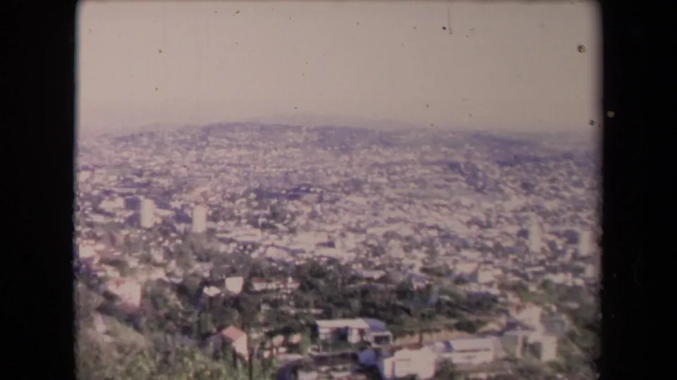 Wide 1967 Los Angeles overlook with a wooded hillside foreground, dense city fabric, and soft distant hills.