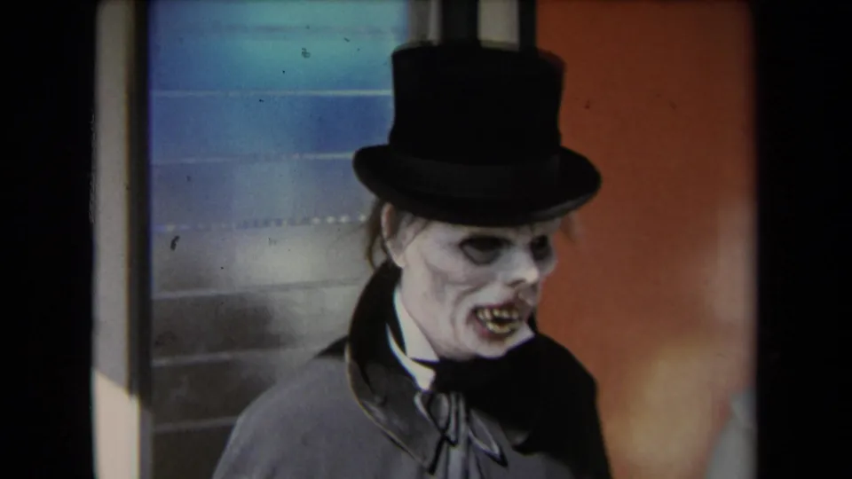 Close 8mm frame from the 1967 Los Angeles clip showing a scary white-faced costumed man in a black top hat and dark coat.