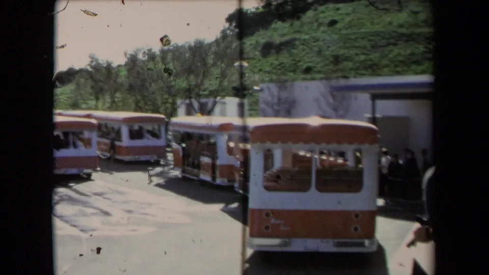Home-movie frame from Los Angeles in 1967 showing a row of orange and white tourist trolleys beside trees and a green hillside.