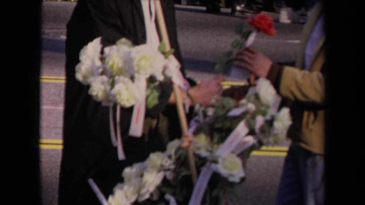 In Los Angeles, adults in formal clothing handle white floral wreaths and a red rose beside road markings.