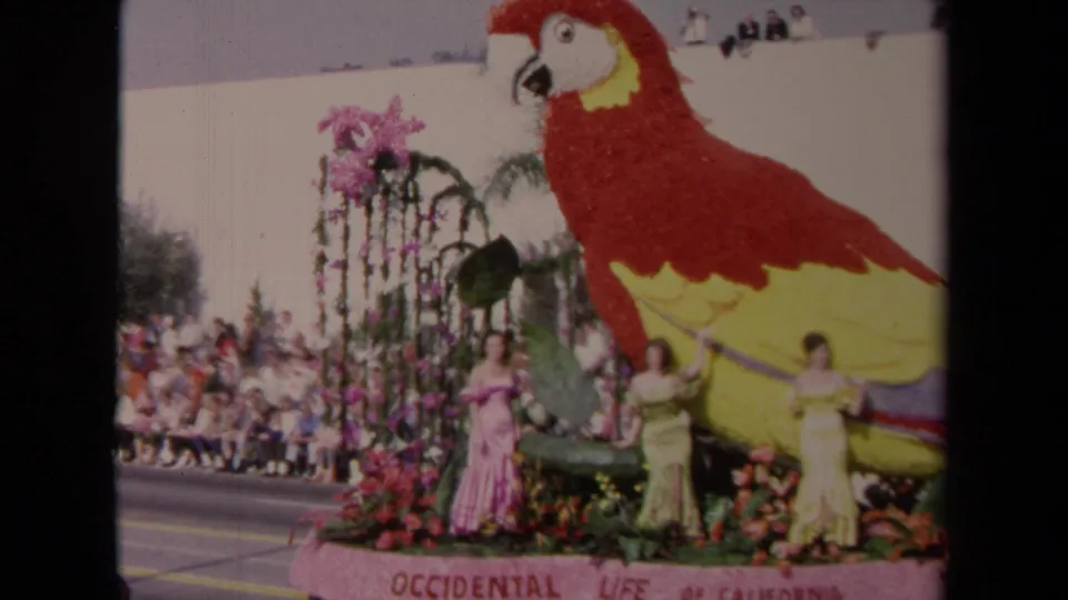Closer 1967 Los Angeles parade frame showing the floral parrot body, women on the float, and roadside spectators.