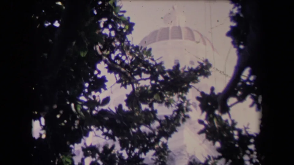 1960s 8mm frame of a pale domed building glimpsed through dense tree branches in Washington, per clip metadata.
