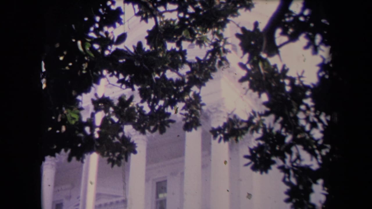 1967 8mm frame of a pale civic-looking facade with tall white columns seen through foreground tree branches.