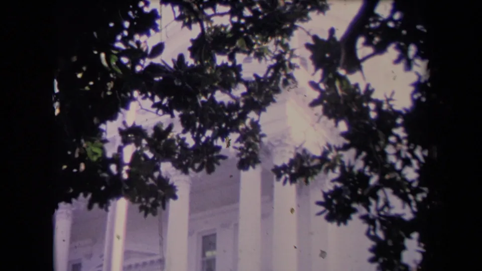 1967 8mm frame of a pale civic-looking facade with tall white columns seen through foreground tree branches.