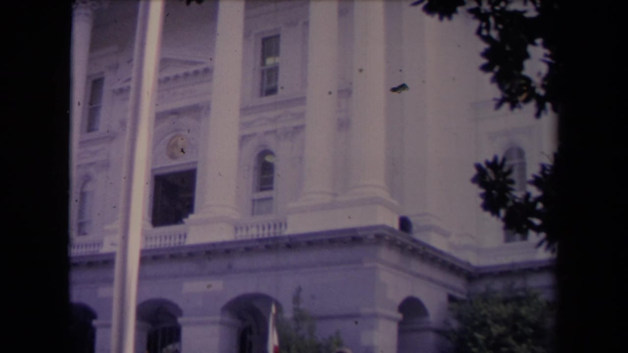White columned building partly blocked by trees with a crowd near the entrance.