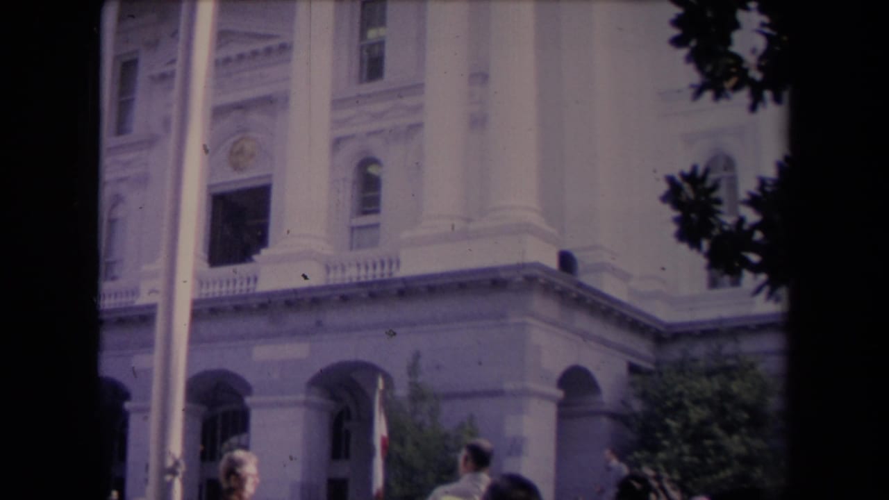 View of a white classical facade, flagpole, and crowd members below, framed by dark tree branches.
