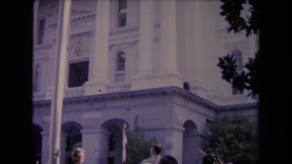 View of a white classical facade, flagpole, and crowd members below, framed by dark tree branches.