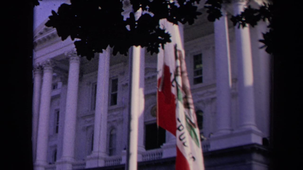 The California flag flutters near a white-columned public building, filmed from below through dark leaves on 8mm color film.