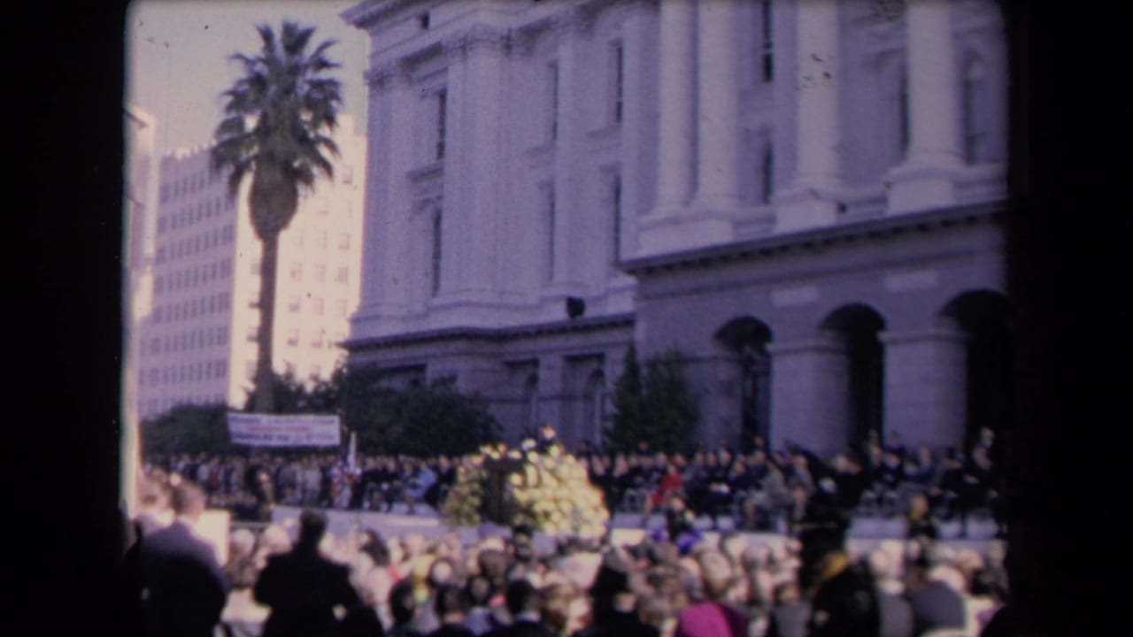 Public crowd assembled near a formal building, with a palm tree, stage area, and floral arrangement visible.