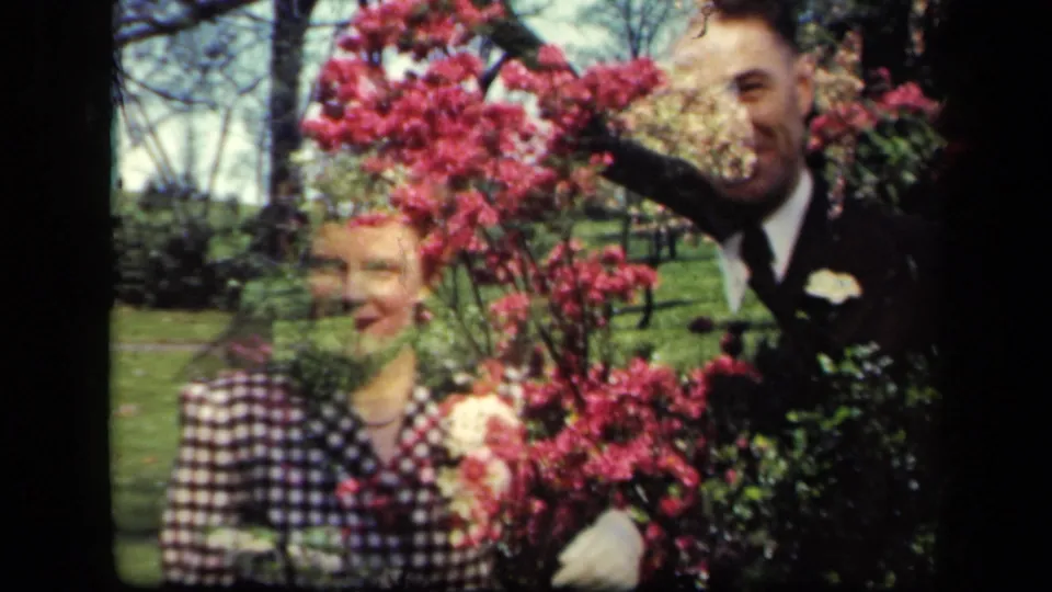The suited man and woman in a checked dress are partially masked by flowers as the handheld camera shifts.