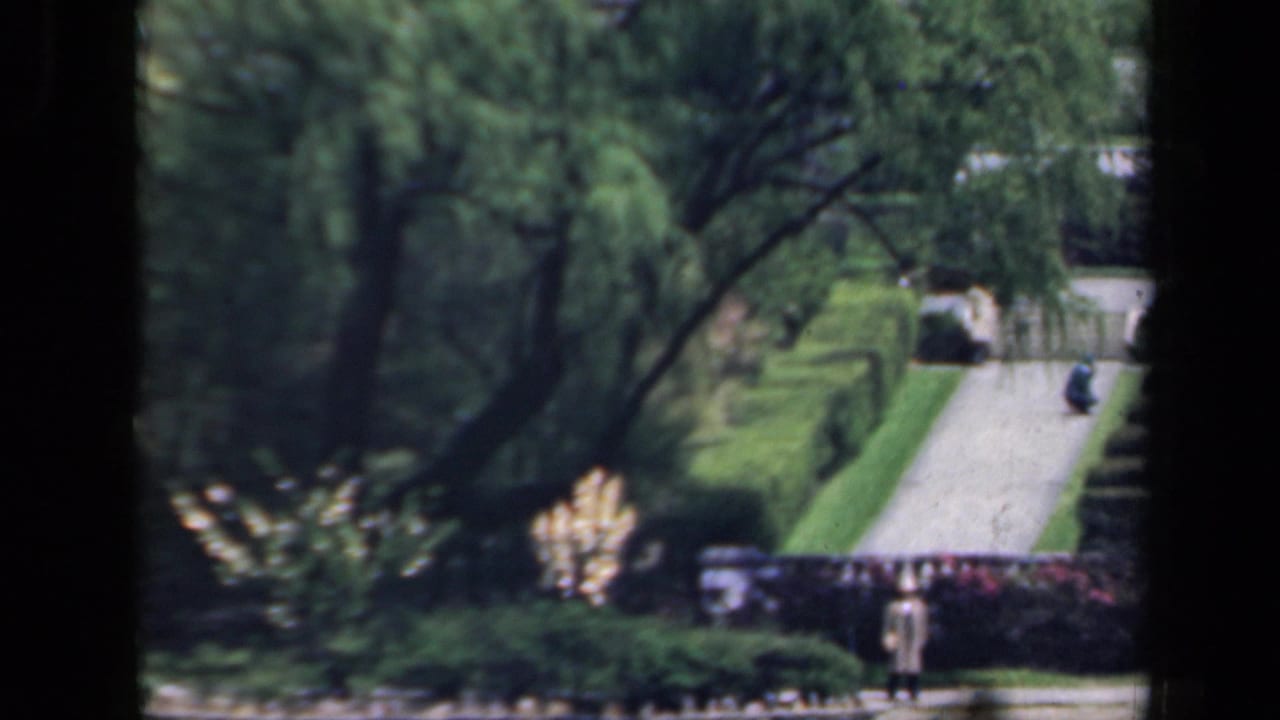 Garden path and hedges seen through dark film borders, with a small distant figure.