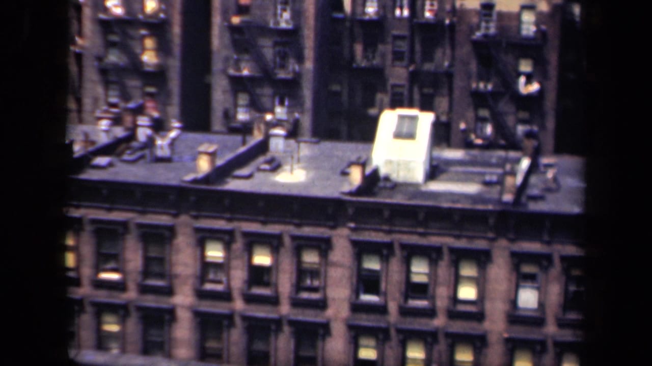 High-angle view of brick apartment rooftops and rows of windows.