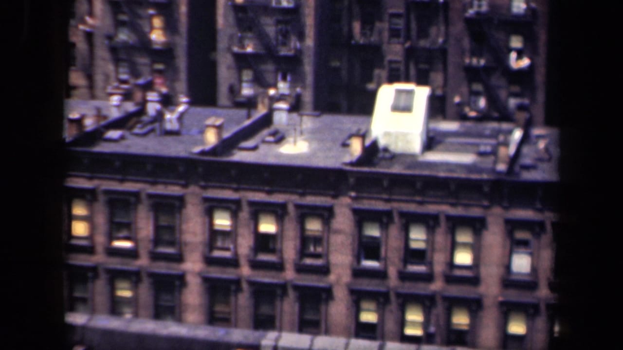 High-angle rooftop view with brick facades, windows, and rooftop structures.