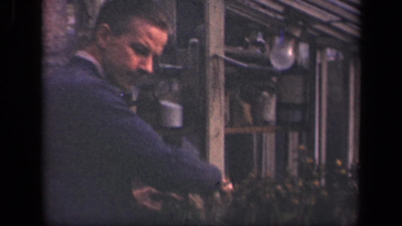 Man in a suit jacket leans over leafy plants near a windowed exterior wall.