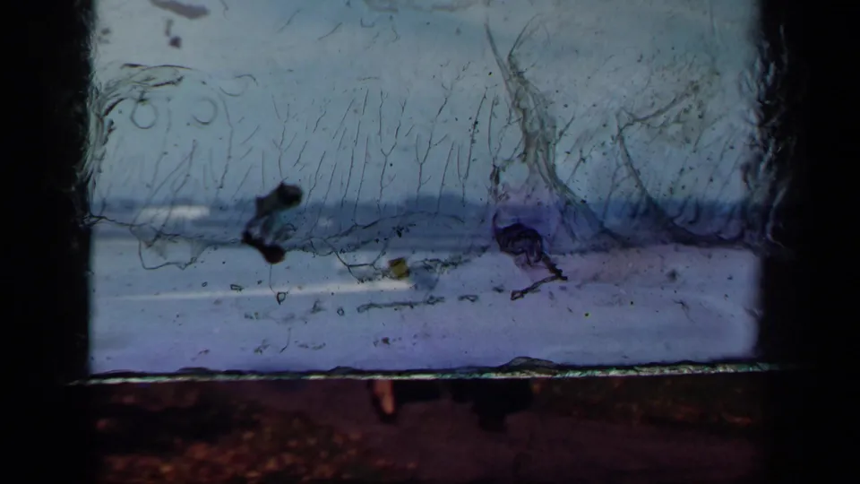 The waterfront view is largely obscured by scratches, staining, and dark gate edges on the 8mm film frame.