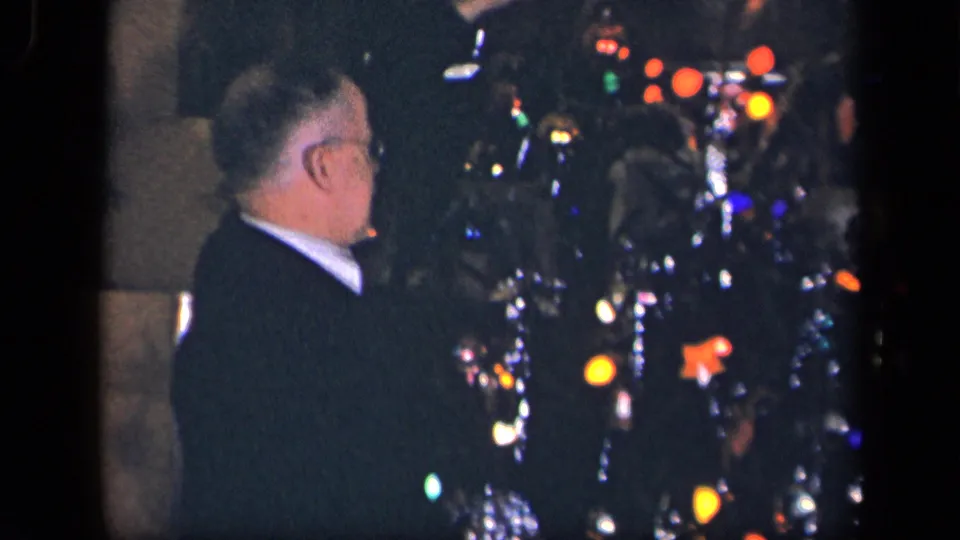 The man turns in profile beside the decorated tree, showing his glasses, suit collar, tinsel, ornaments, and glowing bulbs in the room.