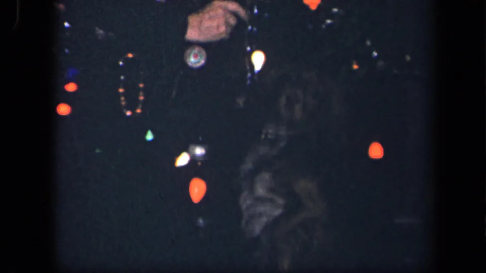 The final frame is darker and closer, emphasizing glowing Christmas tree bulbs, ornaments, and a partially visible person within the private interior.