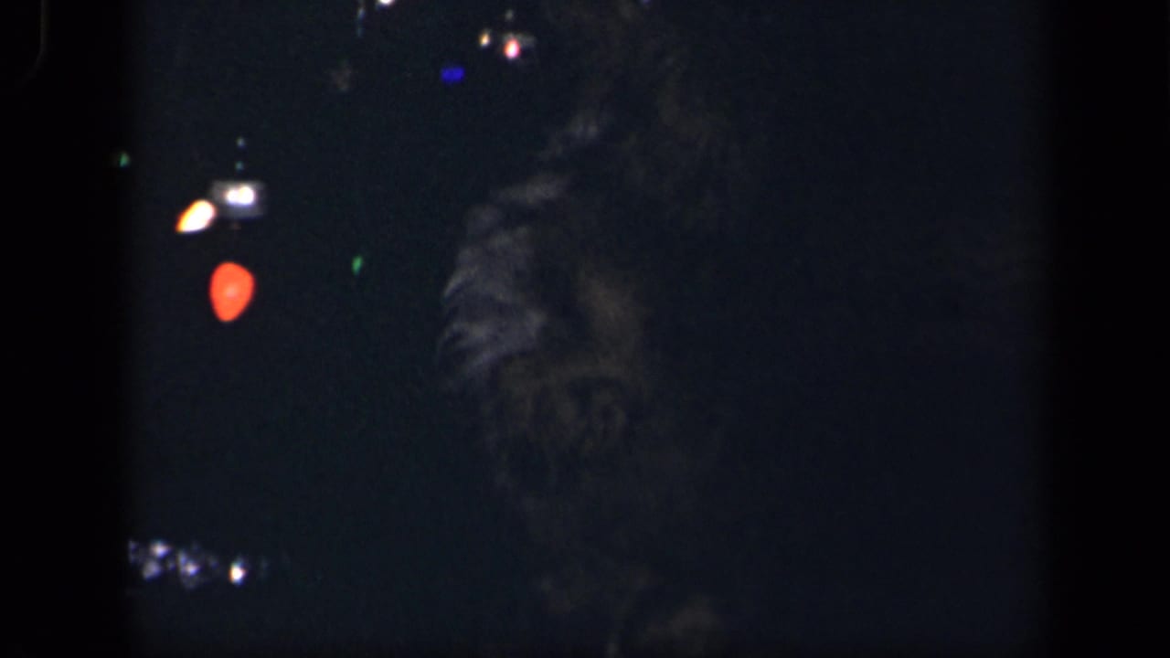 1942 Sebring, Ohio footage frame with the held black dog and uniformed adult barely visible in low light near small decorations.