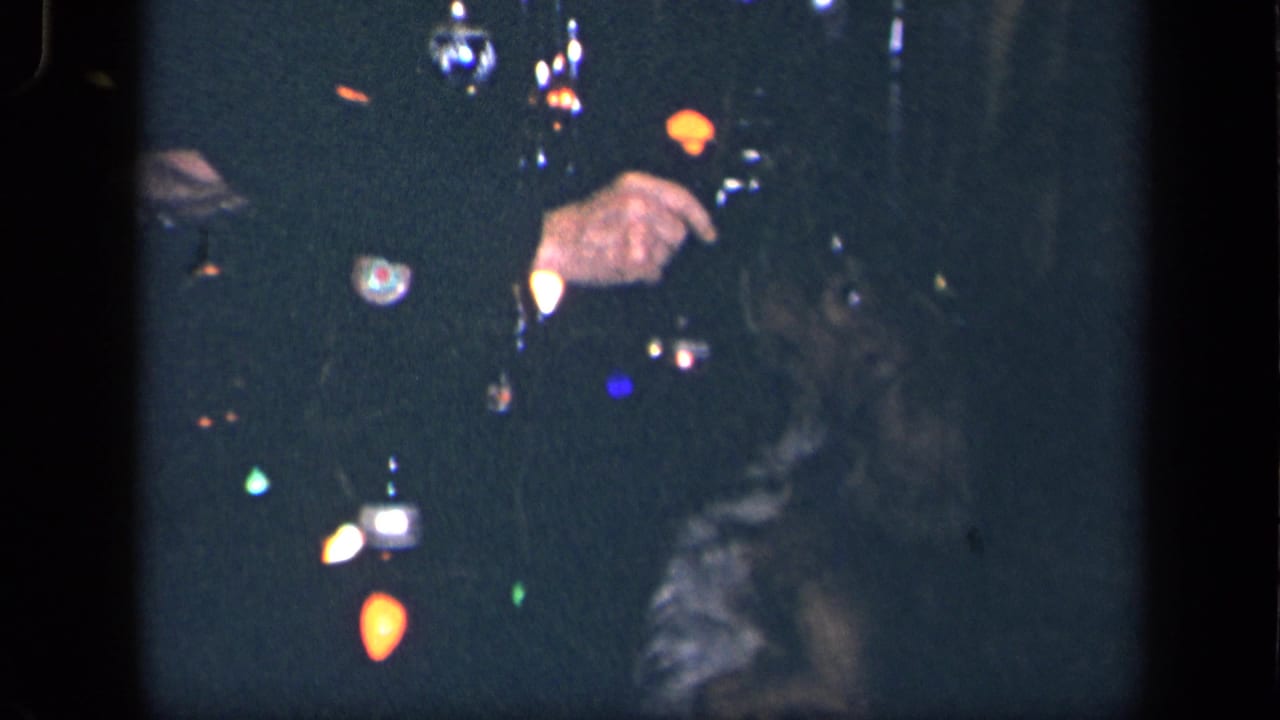 1942 Sebring, Ohio home-movie frame showing a lit Christmas tree, a partially visible person, and a small dog in a dark room.