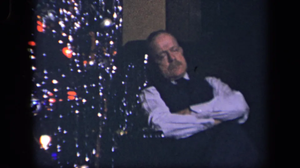 The final frame holds on a man asleep beside the decorated Christmas tree, with tinsel and low interior light visible.