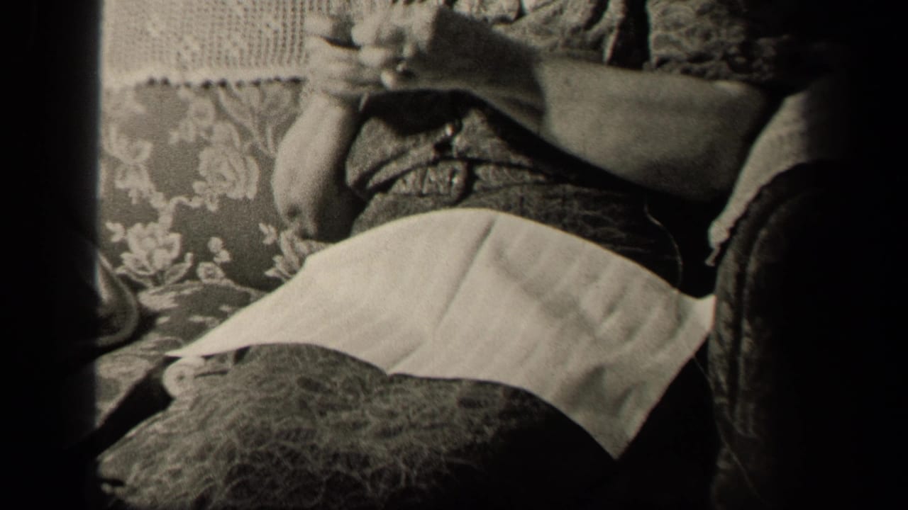 The frame shows the seated woman's hands working yarn, with her apron, dark dress, floral upholstery, and interior textiles visible.