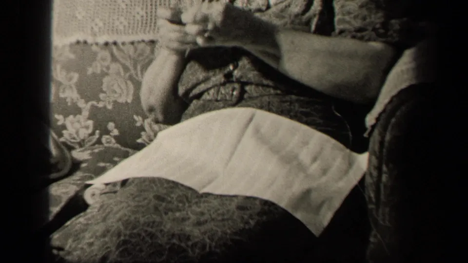 The frame shows the seated woman's hands working yarn, with her apron, dark dress, floral upholstery, and interior textiles visible.