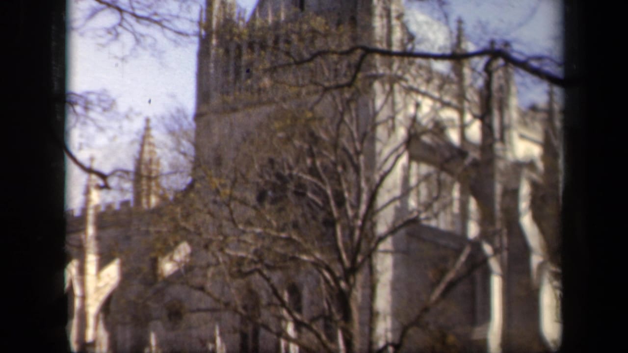 Gothic-style stone church seen through bare tree branches and dark frame edges.