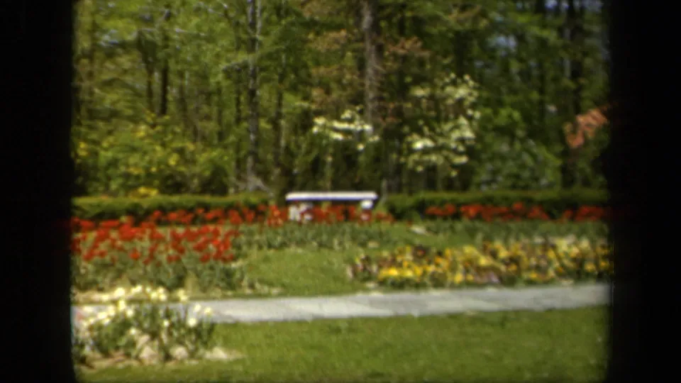 1943 Baltimore garden footage showing red and yellow flower beds, a lawn, a curving path, trees, hedges, and a stone bench.
