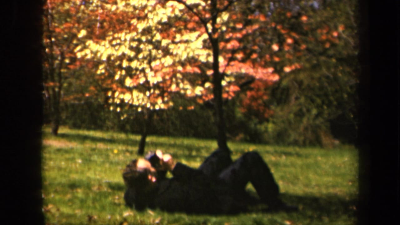 Young man lying on grass beneath autumn trees, looking upward through binoculars.