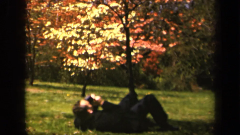 The man remains reclined in the Skyline Drive park setting, holding binoculars as red and gold leaves glow behind him.