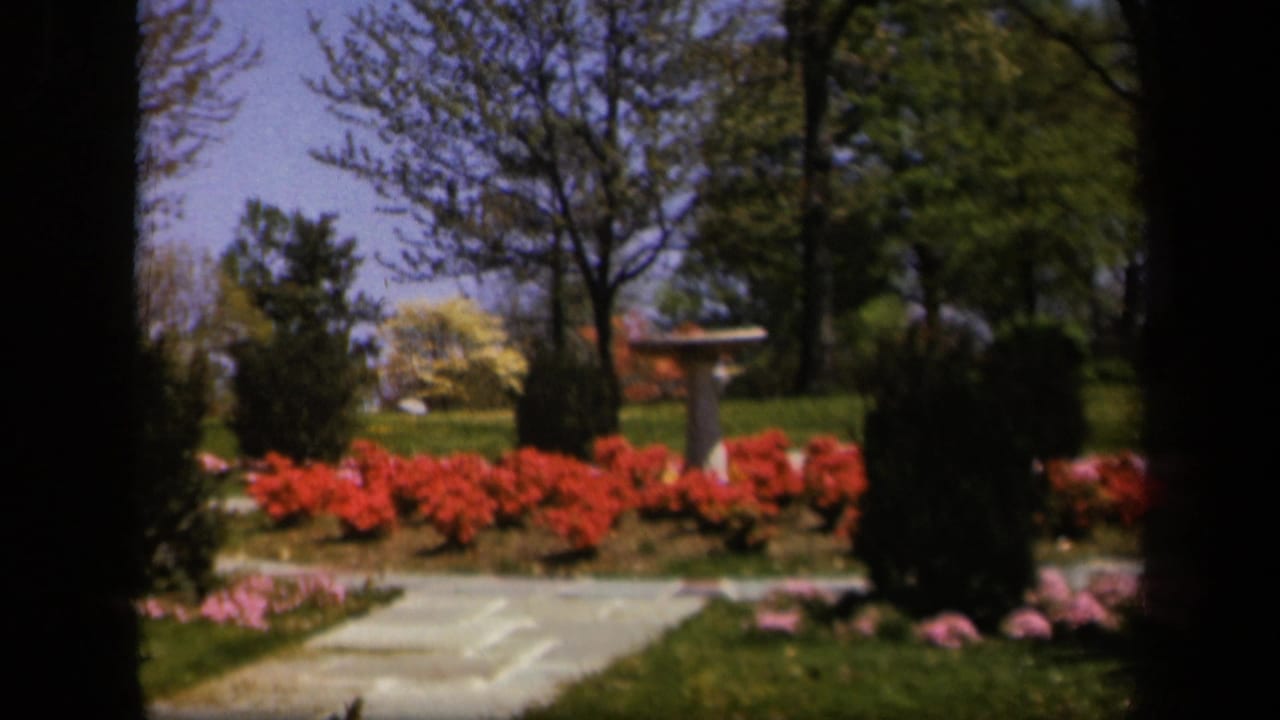 A landscaped garden along the Skyline Drive, Virginia metadata context shows a pale path, red flower beds, trees, lawn, and a stone bird bath.
