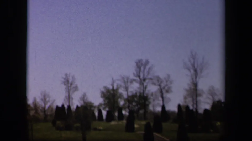 1943 Skyline Drive home-movie frame showing a hillside with bare deciduous trees, dark evergreen shapes, and soft blue sky.
