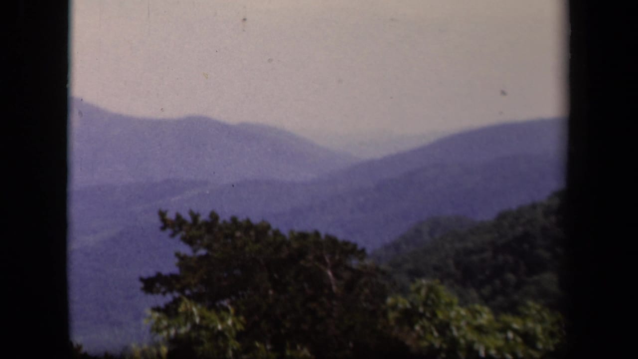 Layered mountain ridges under a pale sky with dark trees in the foreground.
