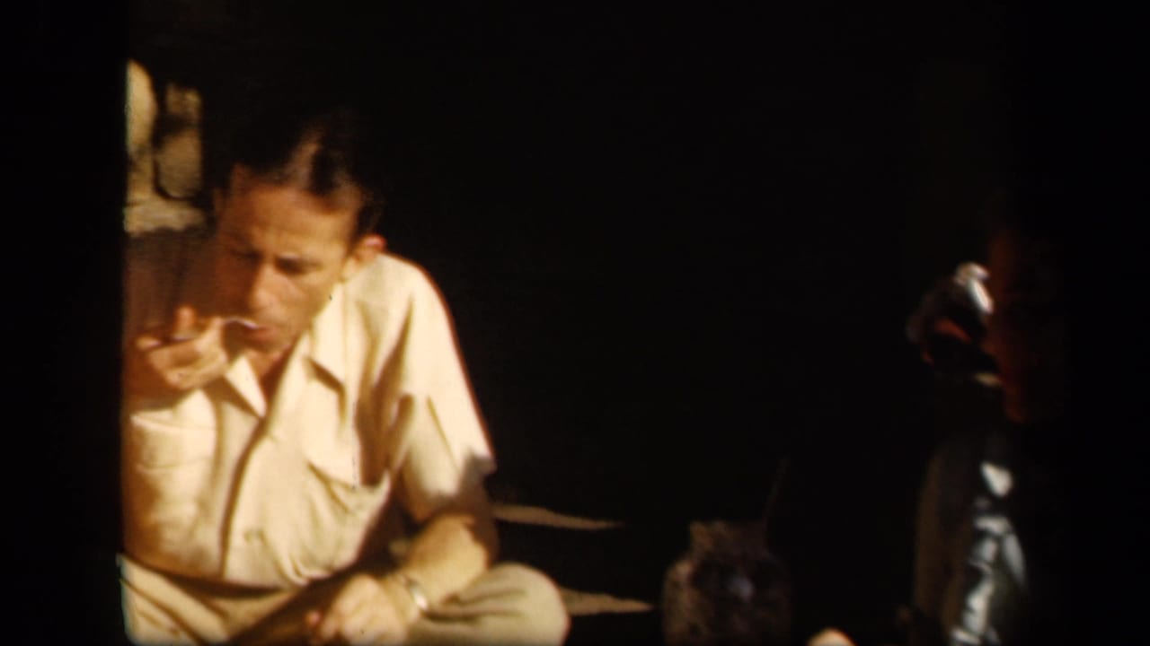 The man sits outdoors at Skyline Drive and raises food toward his mouth in a dark, warm-toned 8mm frame.