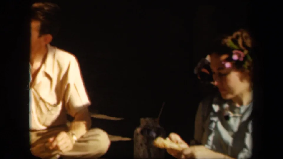 A man and woman sit together outdoors in the 1943 Skyline Drive footage, with the woman holding food and wearing flowers in her hair.
