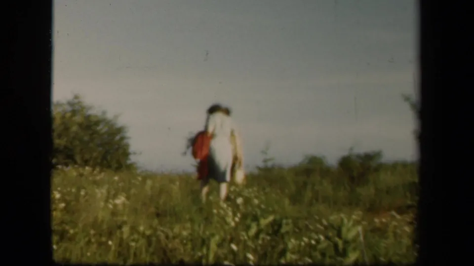 A rear-view 1943 Skyline Drive frame shows two adults continuing across tall grass, with one figure partly hidden by movement and focus.