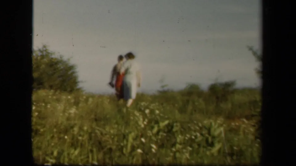 At Skyline Drive, Virginia, two adults are seen from behind in a meadow, the nearer figure in a light dress with a red bag.