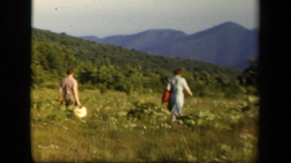 1943 Skyline Drive frame of a man and woman walking away across grass and wildflowers with wooded slopes and hazy ridges beyond.