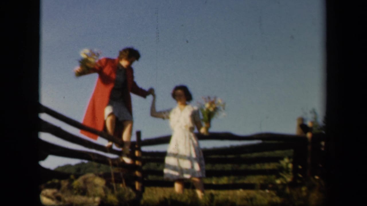 At Skyline Drive, Virginia, two young women in 1940s clothing hold flowers near a rustic wooden fence.