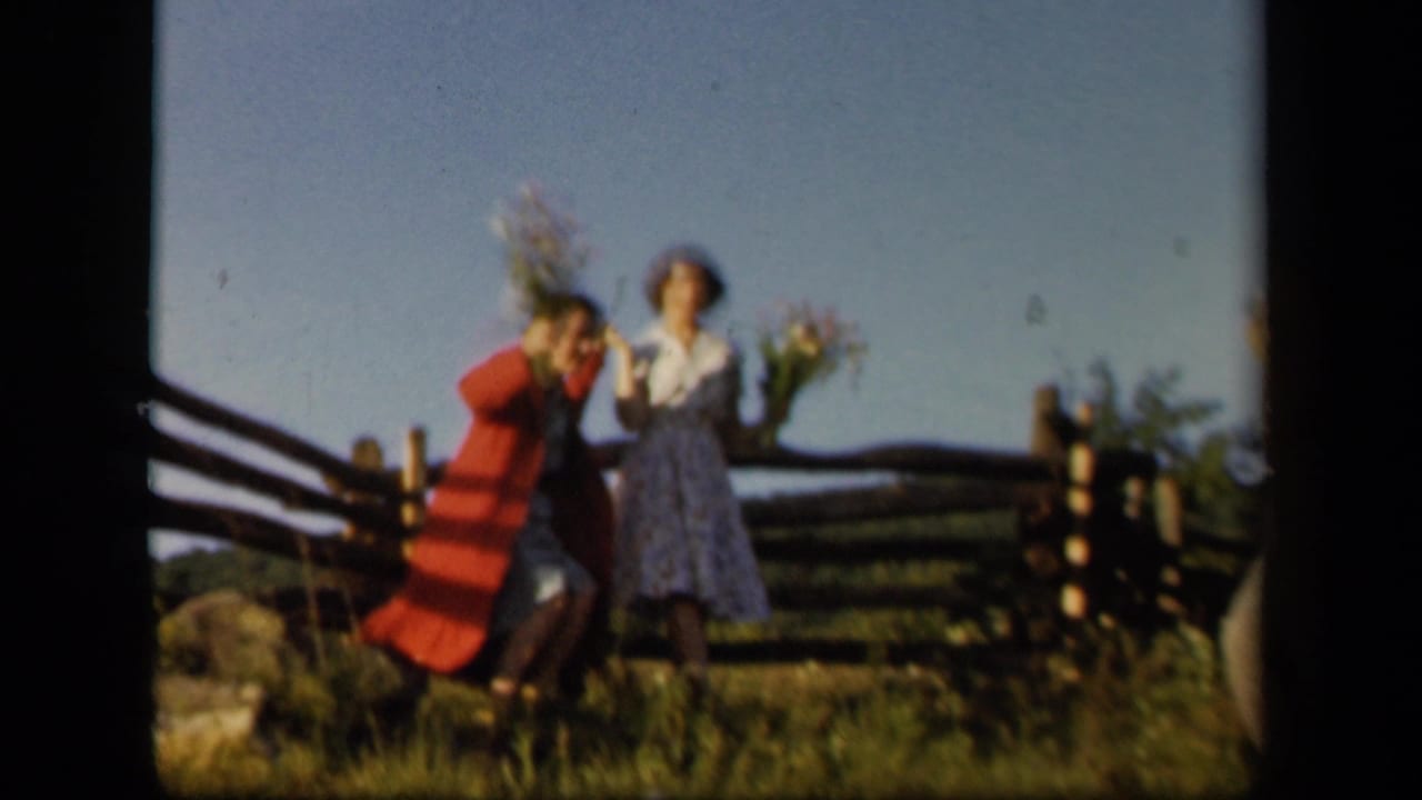 The women appear to steady each other near the fence, both carrying bouquets in the Skyline Drive setting.