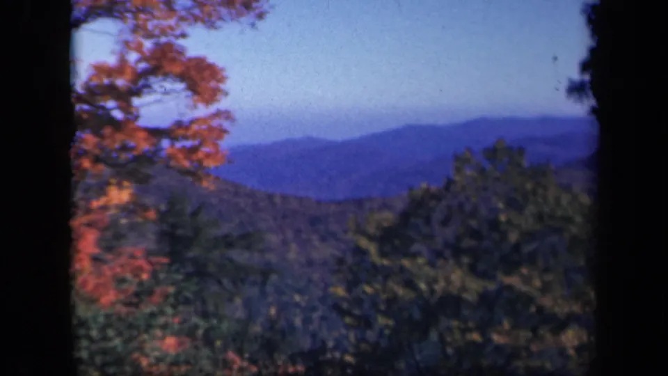Vintage 8mm frame from Skyline Drive showing orange leaves, dark evergreen foliage, rolling wooded hills, and soft blue mountains.