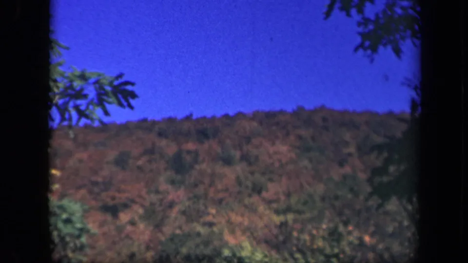 Skyline Drive home-movie frame of a wooded Virginia ridge, blue sky, and silhouetted nearby tree edges.