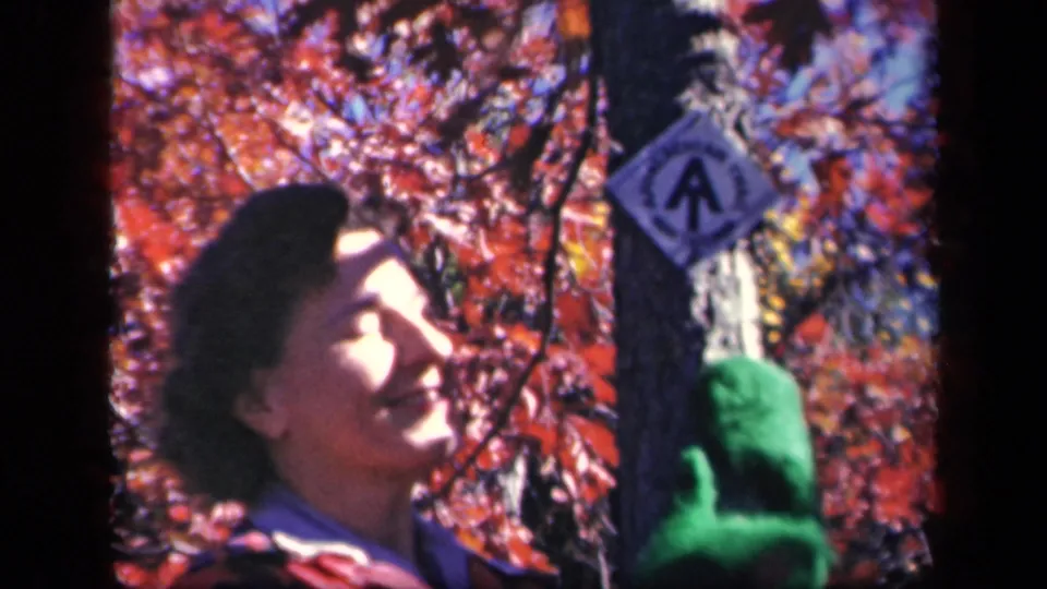 At Skyline Drive in 1943, a woman stands beside a marked tree in red autumn foliage, her green-gloved hand resting on the trunk.