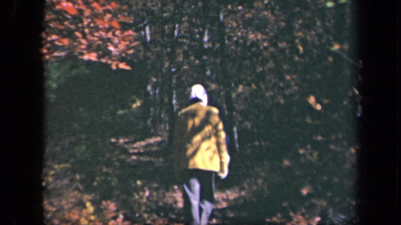1943 Skyline Drive frame with a hiker in a yellow jacket and white head covering walking away through autumn woods.