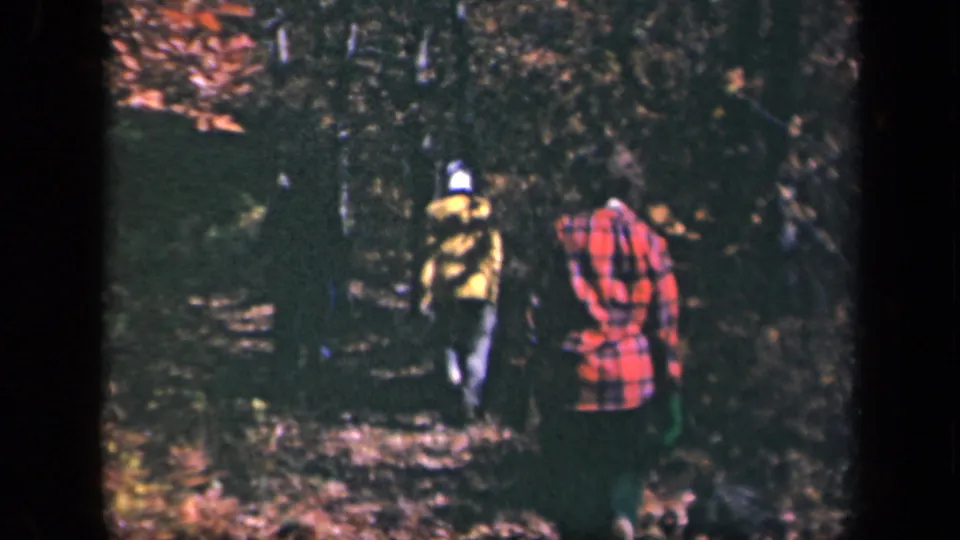 Metadata-supported Skyline Drive, Virginia frame with three people hiking away through dense fall woods in 1943 8mm footage.