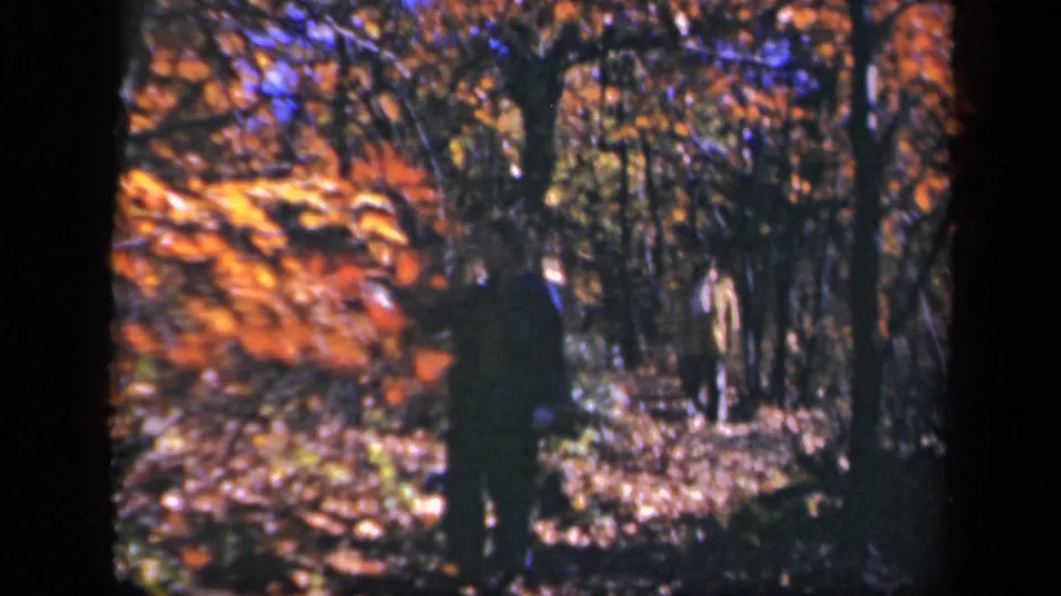 Two adults continue through the autumn woods in this 1943 Skyline Drive home-movie frame.