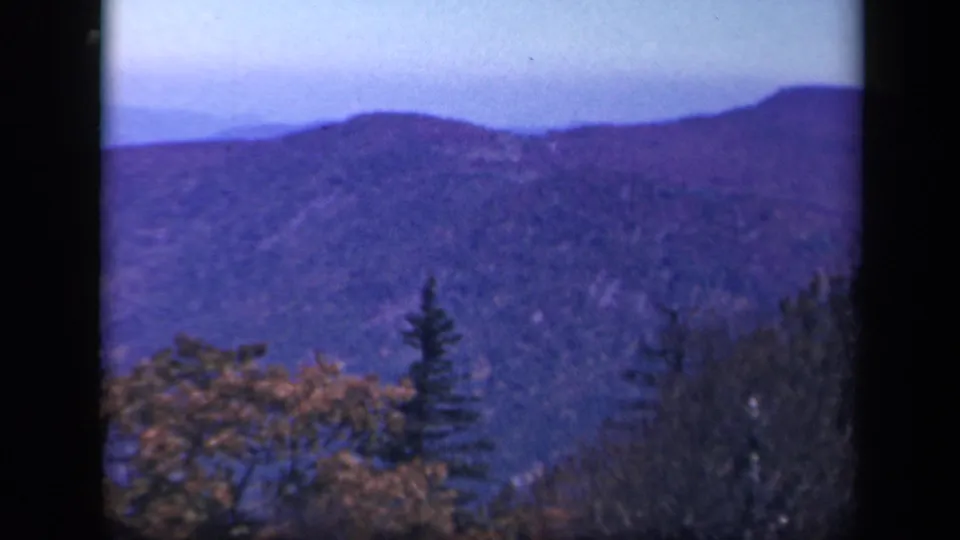 Skyline Drive landscape frame with purple-blue ridges, winter vegetation, and visible 8mm film borders.
