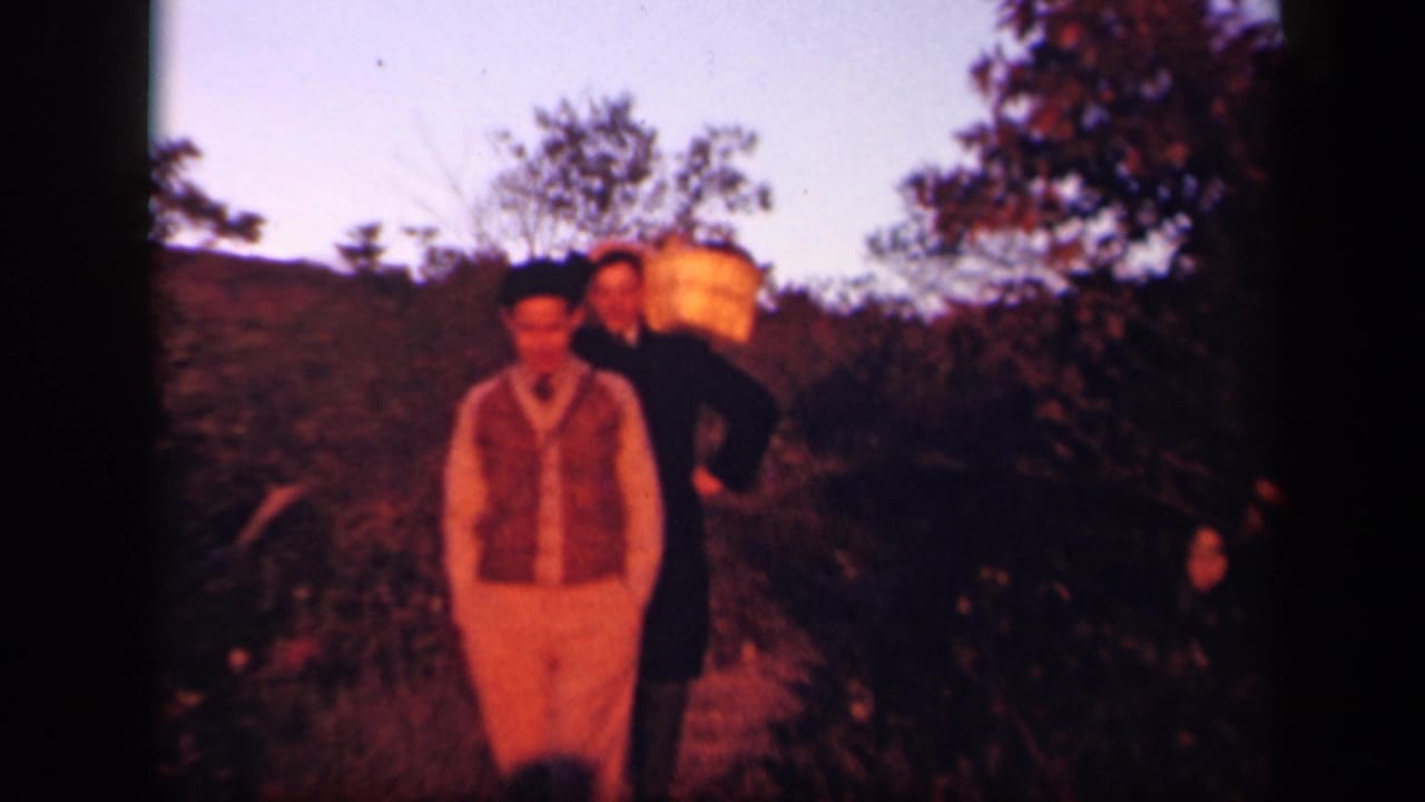 Two men stand on a wooded hillside path, one holding a large basket.